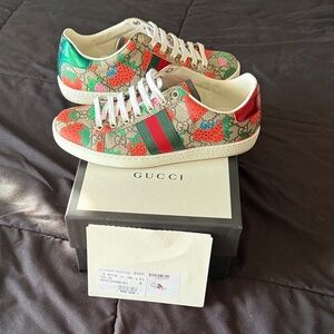 Gucci Strawberry Pattern Sneakers with Red and Green Accents